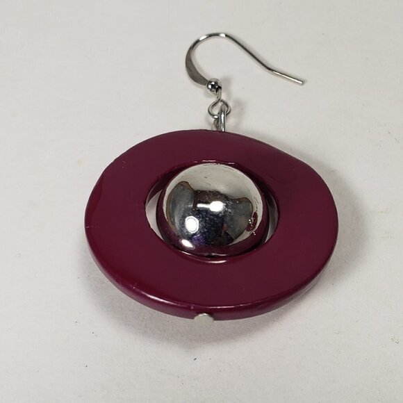 Polished Silver tone Bead Burgundy Purple Hoop Teardrop Earrings for Women - Picture 2 of 6